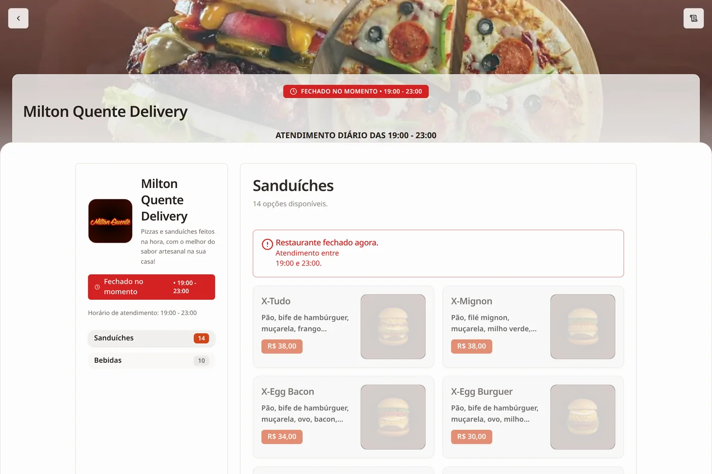 Print do cardápio Milton Quente Delivery no HubMenu — categorias, itens e preços de sanduíches e bebidas