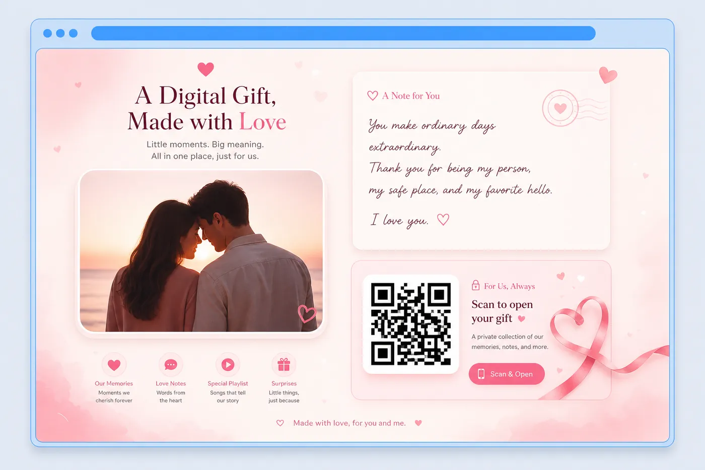 Mockup da página Meu Mozin para casais com QR Code