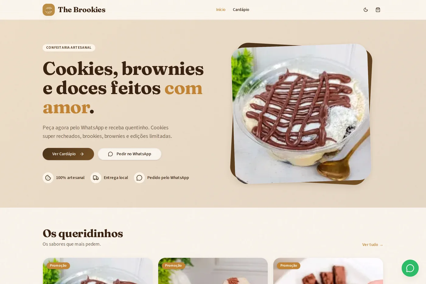 Print da home da The Brookies — confeitaria artesanal com cardápio digital e pedido via WhatsApp