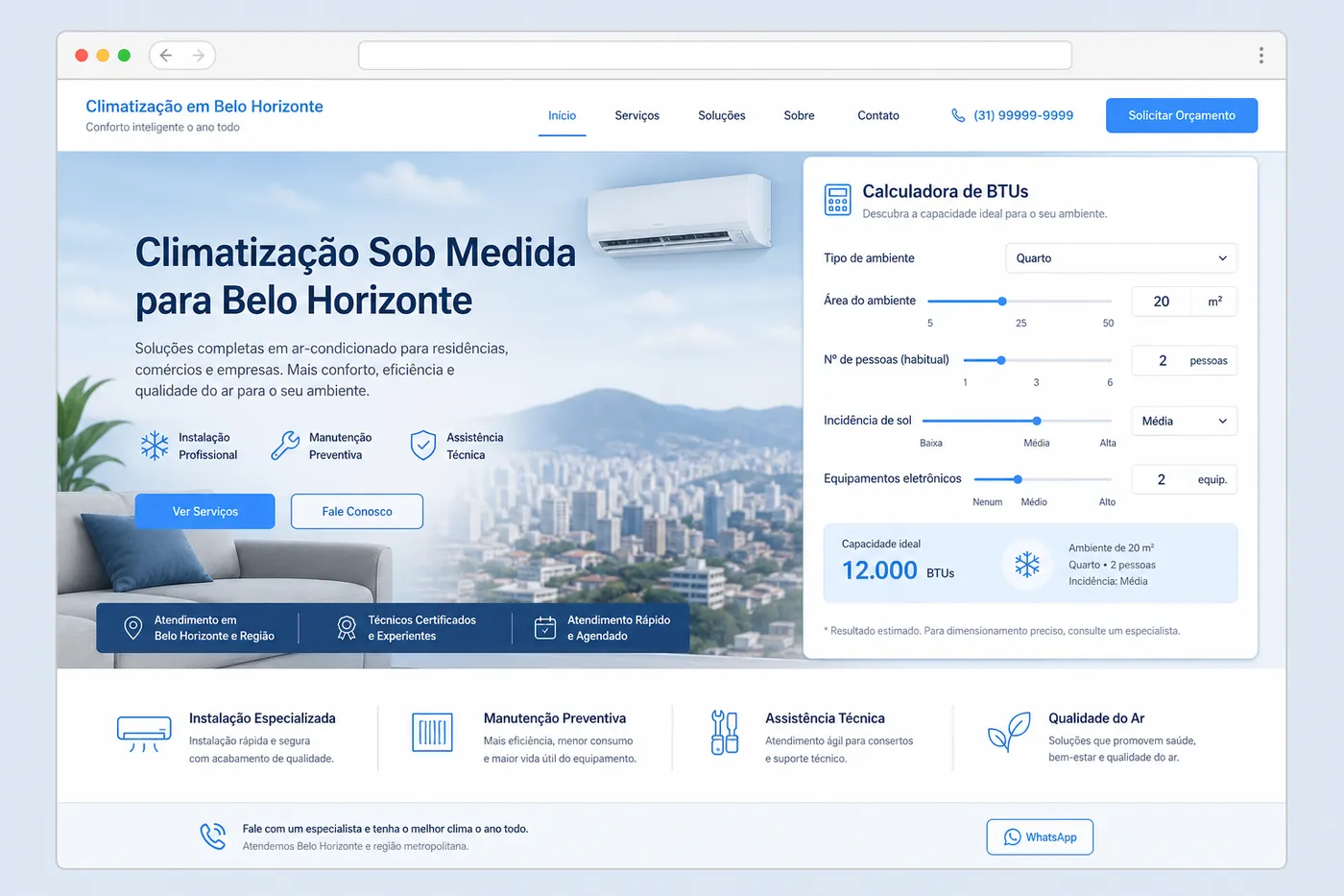 Mockup da landing ThermoFrost com calculadora de BTU